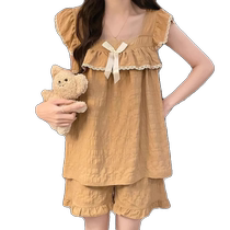 One-piece pajamas with breast pads for women summer 2024 new pure cotton suspenders two-piece summer cotton silk home clothes set