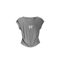 Bow print short-sleeved T-shirt for women summer new style unique waist pleated top pure lust hot girl right shoulder T-shirt
