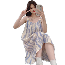 Womens summer thin sexy suspender pajamas with breast pads ink painting high-end sleeveless mid-length home clothes
