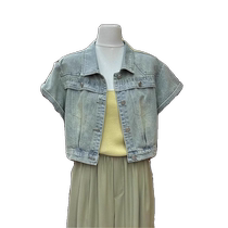 Retro short-sleeved denim jacket for women summer new outer cardigan high-end workwear style lapel short top shirt