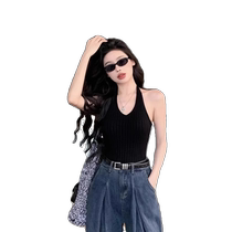 Burgundy halterneck knitted camisole womens outer wear sexy slimming retro Hong Kong style V-neck halter top
