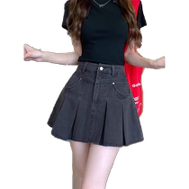 Large size retro denim pleated skirt for women with summer fat mm design high waist slim hip A-line short skirt