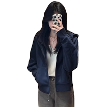 American navy blue short hooded sweatshirt jacket for women spring and autumn new brand cotton loose casual versatile cardigan