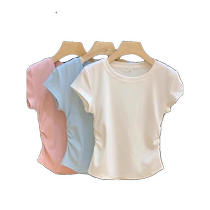 Right shoulder short-sleeved T-shirt for women new hot style summer slim-fit pleated waist short sweet and spicy shirt pure lust top