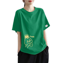 Ink Green Short Sleeve T-Shirt Woman Summer New Loose Casual 100 Hitch Pure Cotton Compassion Loose Age Imprimé Blouse