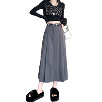 Gray suit pleated skirt for small women spring and autumn high-waisted slim A-line skirt mid-length umbrella skirt