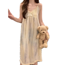 Womens summer 2024 new thin sweet pajamas with chest pads and straps nightgown loose summer home clothes can be worn outside