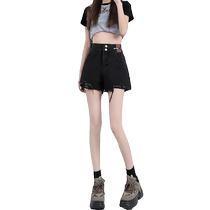 Black denim shorts for women summer 2024 new high-waisted slimming raw edge small versatile a-line wide-leg hot pants