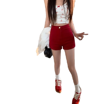 Red American denim shorts for women summer thin high-waisted four-way elastic slim hot girl hip-hugging pants tight hot pants