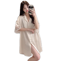 Ice silk nightgown for women in summer sexy simple casual high-end short-sleeved shirt pajama dress cool cardigan home wear