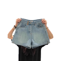 Light Blue Denim Shorts Womens Summer Thin European High-Waist Elastic Slimming Versatile Slit A-Line Wide-Leg Hot Pants