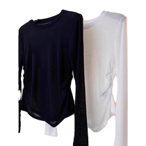 Black ice silk sun protection blouse womens long-sleeved T-shirt summer irregular pleated waist slimming slim tulle top