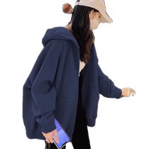American retro blue mid-length sweatshirt jacket for women spring and autumn new loose casual versatile hooded zipper cardigan