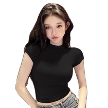 Hot girls who just want to show off their figure half turtleneck short-sleeved T-shirt for women summer tight-fitting bottoming shirt tea art style shoulder top