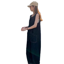 Dark blue denim suspenders for women spring and autumn 2024 new age-reducing sleeveless vest jumpsuit retro wide-leg pants