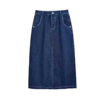 Dark blue denim skirt for women summer high waist slit A-line skirt for pear-shaped body slimming mid-length hip-hugging skirt