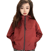 European fashion red hooded jacket for women spring and autumn new style short hooded workwear windproof jacket top