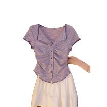 European purple V-neck short-sleeved T-shirt for women in summer hot style pleated waist high-end big-name short style fungus top