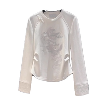 White new Chinese style long-sleeved T-shirt for women in spring and autumn pure cotton bottoming shirt age-reducing embroidered top