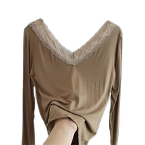 Modal Thermal Underwear Womens Autumn and Winter Style Lace Thin Low-neck Autumn Clothes Bottoming Shirt V-neck Thermal Clothes