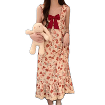 Womens summer floral retro style mid-length sweet 2024 new maternity pajamas with breast pads and straps for outer wear