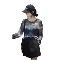 Tie-dye ice silk mesh long-sleeved t-shirt for women summer new breathable sun protection gauze outer wear loose blouse top