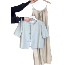 Blue short-sleeved small fragrant jacket for women summer new style with suspender skirt and cardigan high-end short top