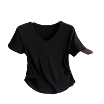 Pink v-neck short-sleeved t-shirt for women 2024 summer thin slim fit pleated curved hem t-shirt top