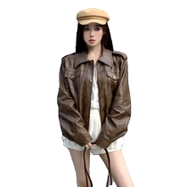 Merald wears a ride with a locomotive curry leather coat jacket female spring autumn harbor wind small subamerican retro puu jacket blouse