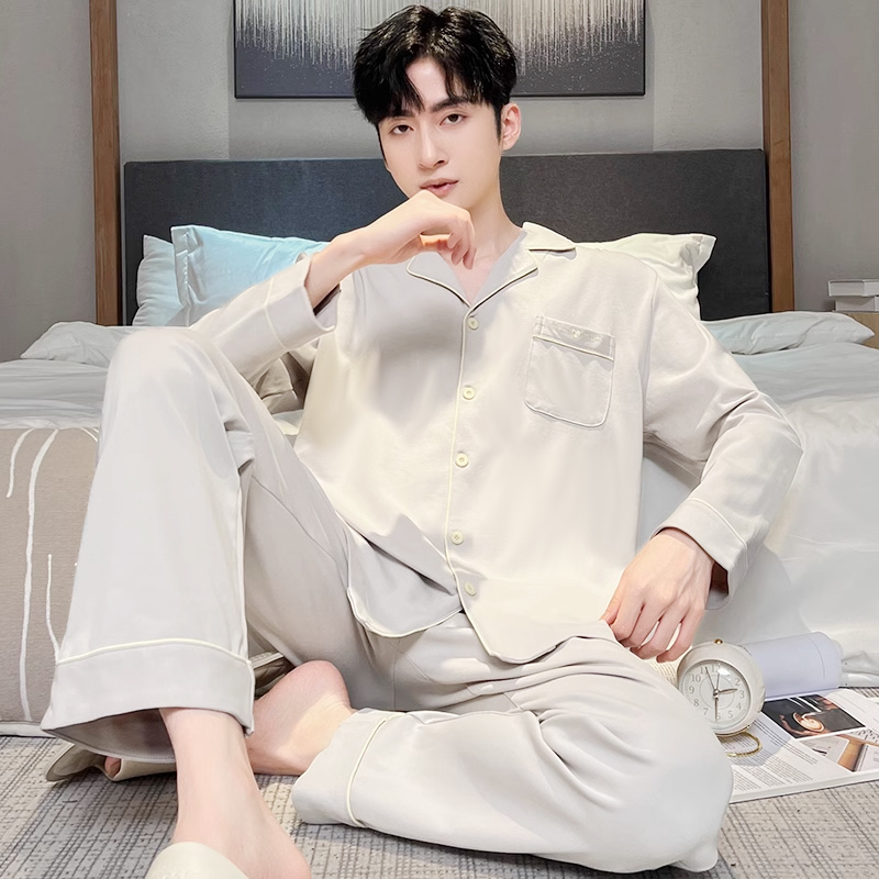 Men's Pure Cotton Pajamas, Men's Style 2026 New Autumn and Winter Silver Color, Suitable for Teenagers, Can Be Worn Outside in Winter, Loungewear for Boys