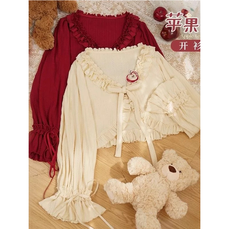 【Apple Tea】Lolita Bubble Lantern Sleeve Short Knitted Cardigan Top Long-Sleeve Jacket for Women