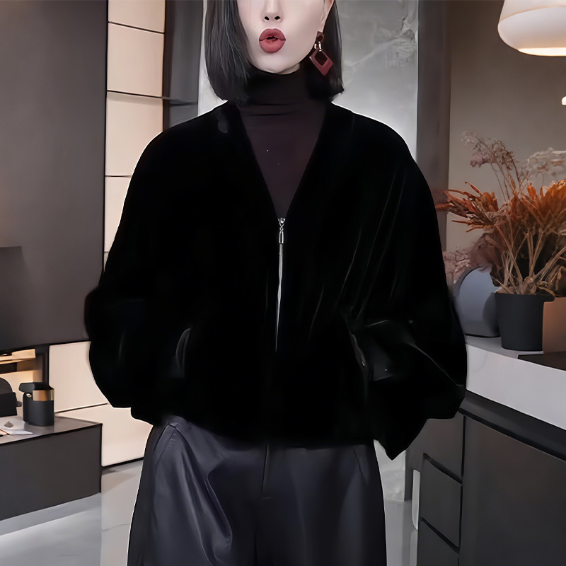 2026 Autumn New Fashion Velvet Long Sleeve Jacket for Women, Light Luxury Versatile Casual Slimming Black Top 2026 Autumn New Fashion Velvet Long Sleeve Jacket for Women, Light Luxury Versatile Casual Slimming Black Top