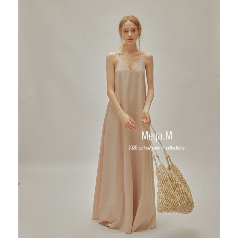 Margemeng Thirteen-Line Skirt with Texture for Women, Summer 2026 New High-End V-Neck Pure Desire Style Long Dress