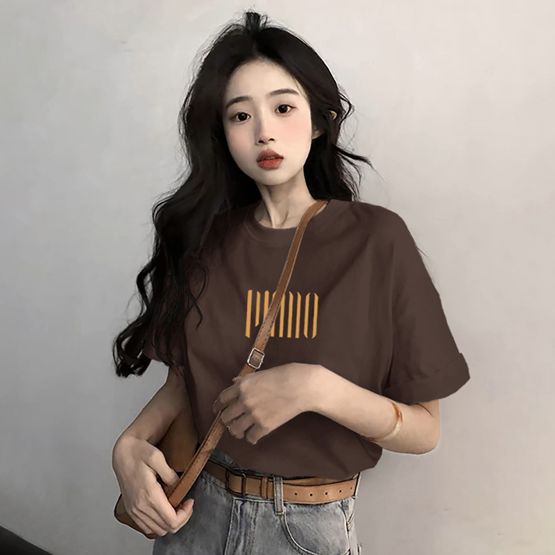 Brown Combed Cotton Short-Sleeved T-Shirt for Women, Loose and Versatile, Slimming, New Summer Style, Brown Letter Top, T-Shirt