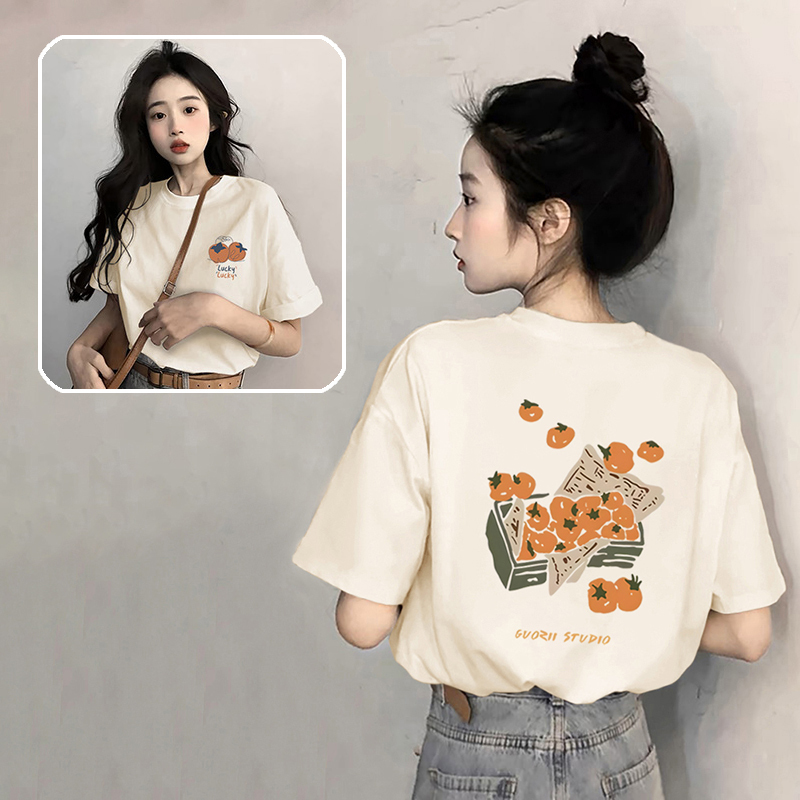 Milky Apricot Color Loose Pure Cotton Short-Sleeved T-Shirt for Women, New Summer Style, Round Neck, Versatile Trendy Brand Hong Kong Style Printed Top