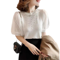 French mesh splicing see-through puff sleeve top autumn new temperament goddess style loose and slim sweater trend