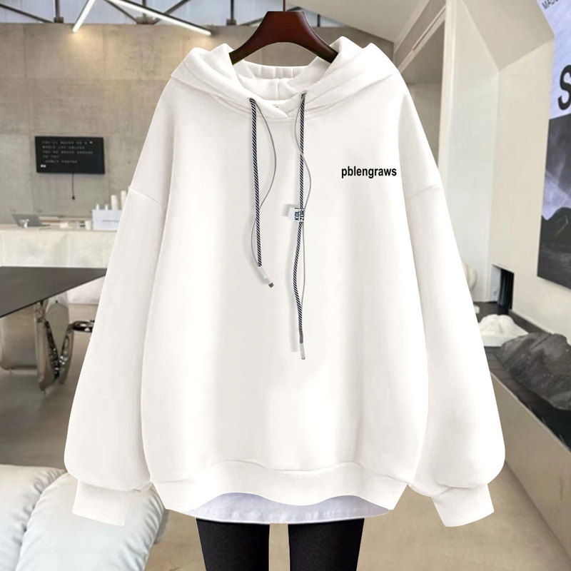 2026 New Spring, Autumn and Winter White Popular Style Lazy Letter Print Faux Two-Piece Mid-Length Hoodie for Women That Covers the Hips