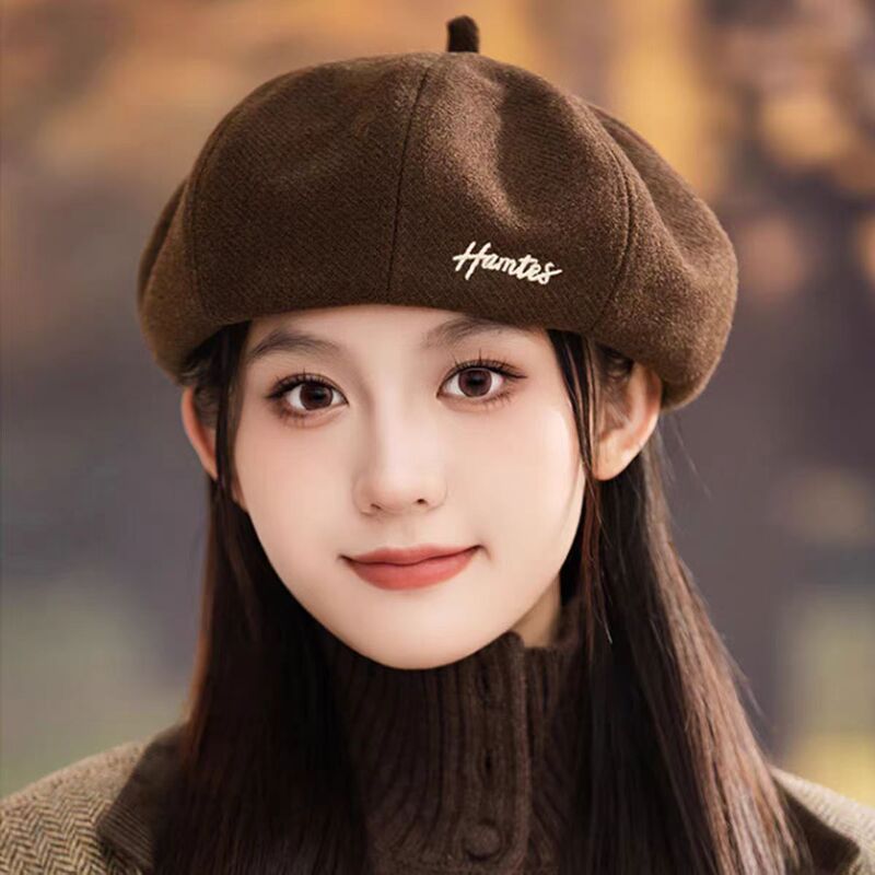 Autumn and Winter Retro Wool Beret Korean Style Simple Letter Embroidery Pumpkin Hat Octagonal Hat Versatile Painter Hat for Women