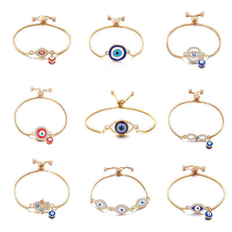 Cross-Border Exclusive Supply of New Turkish Evil Blue Eye Bracelet with Hollow Eye, Devil's Eye, Diamond-Encrusted, Pull-Out Style
