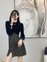 Small fragrant style dress female Autumn New French retro slim waist Beauty Velvet short black dress