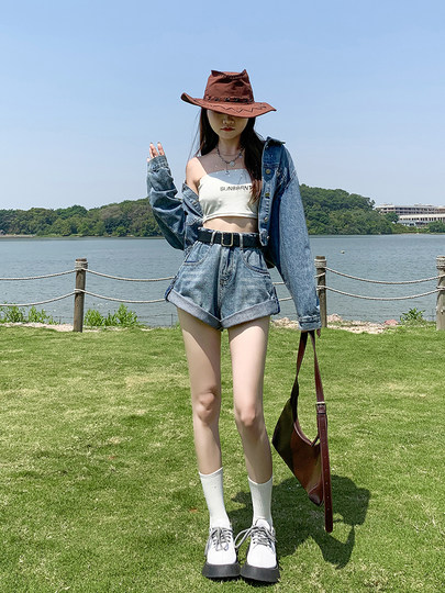 牛仔短裤女高腰2024年夏季新款宽松显瘦复古百搭卷边阔腿a字热裤