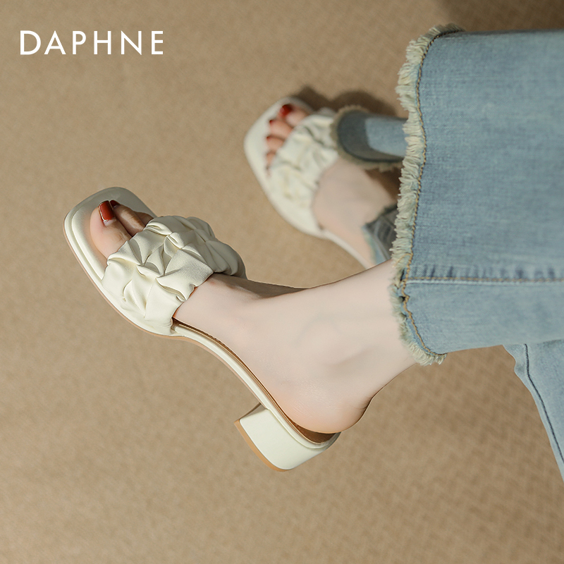 Daphne Chunky Heel Slippers for Women 2026 New Summer Outdoor Small High Heel French Style Sandals Lady Vacation Slip-On Sandals