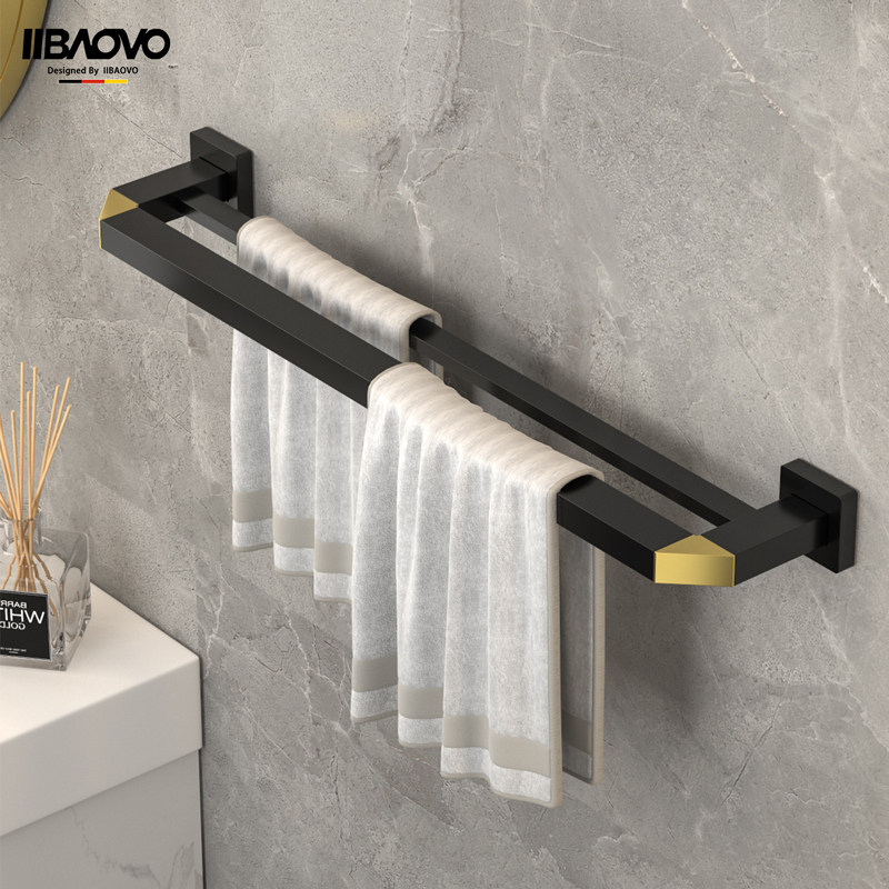 Black Gold Bathroom Hair Towel Rack Wall-mounted Free Wear Makeup Room Hanging Towel Rod Space Aluminum Bath Towels Rack Double