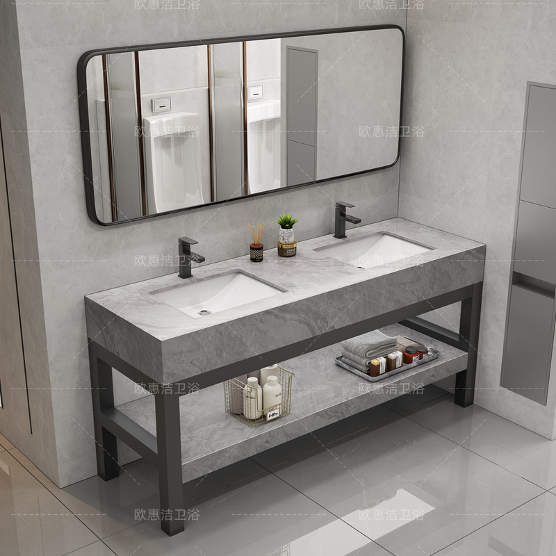Modern Minimalist Hotel-Style Floor-Standing Double Basin Washbasin for Public Restrooms, No-Drill Double-Layer Marble Basin