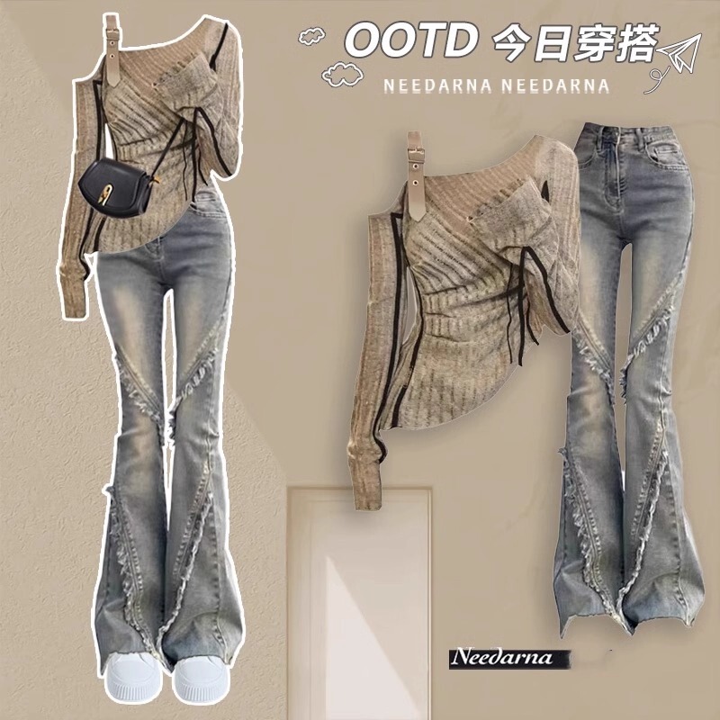 Cool and Slightly Flared Jeans Set for Women, Spring & Fall High-End Niche Long-Sleeved Knitwear Two-Piece Set
