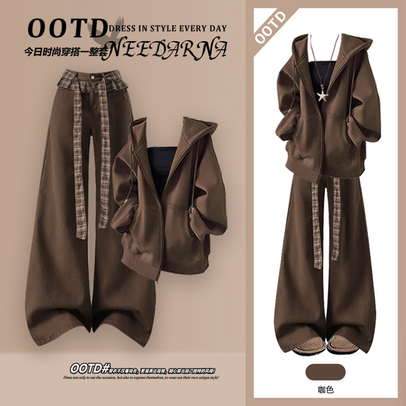 Meilade's Casual Korean-Style Hooded Sweatshirt for Women in Autumn and Winter Is Paired with a Complete Set of Wide-Leg Jeans