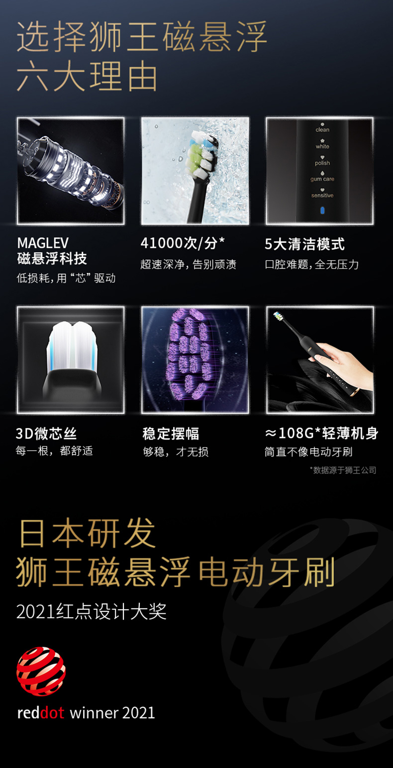 日本 狮王 磁悬浮声波电动牙刷 含2刷头 4.1万次/分钟高频振动 图2