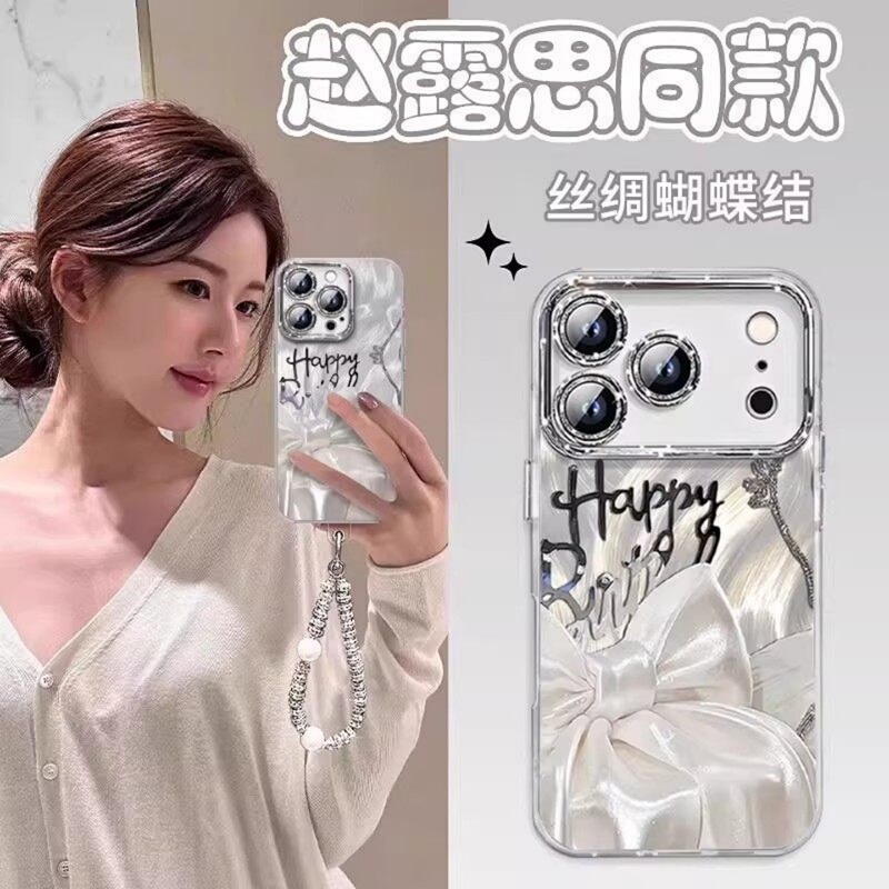 Bowknot Case Suitable for Apple 17 Pro Max, New iPhone 16 Pro Max with Bracelet, Glitter, Full Lens Protection for 15, Anti-Drop for 12, Feather Yarn Protective Cover for 14