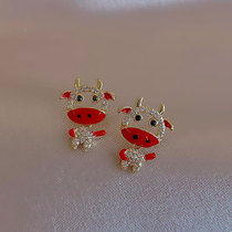 Korean earrings female red cattle sterling silver temperament advanced feeling anti-allergic earrings cute versatile earrings