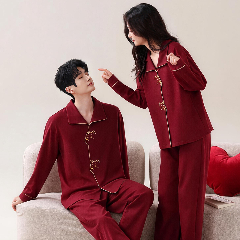 Red Pajamas for Newlyweds, One Man and One Woman, Spring and Autumn Pure Cotton Long-Sleeved Home Wear Set for the Year of Birth Red Pajamas for Newlyweds, One Man and One Woman, Spring and Autumn Pure Cotton Long-Sleeved Home Wear Set for the Year of Birth